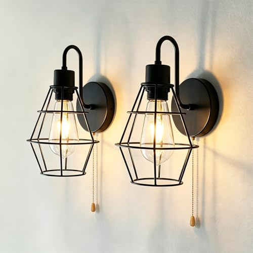 JZCDR 2 Stück Cage Wandlampe mit Schalter Retro | Wandleuchte E27 Innen Vintage Wand Lampe mit Zugschalter Industrial Schwarz für Treppenhaus Flur, Ohne Leuchtmittel