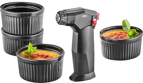 GEFU Zuca - Juego de 5 quemadores de gas con regulación de llama y seguridad para niños, 4 cuencos de cerámica, soporte