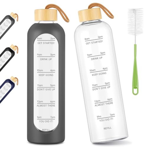 AOOWU Bouteille d'eau en Verre, 1L Gourde Réutilisable en Verre Borosilicate Avec Marqueur de Temps & Couvercle Bambou & Étui Silicone, Anti-Fuite Incassable, pour Sport/Camping/Voyage sans BPA