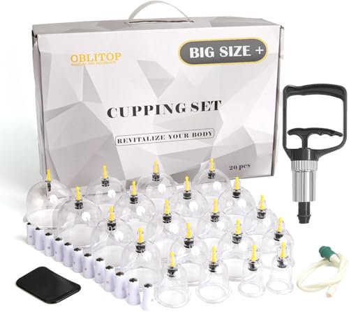 OBLITOP Schröpfgläser mit Vakuumpumpe 20 Stück, Cupping Set Größe V2.0 für Damen und Herren, Vakuumbecher für Körpermuskulatur, Rückenschmerzen, Massage, Cellulite, Saugnapf, Schröpfset Schröpfes