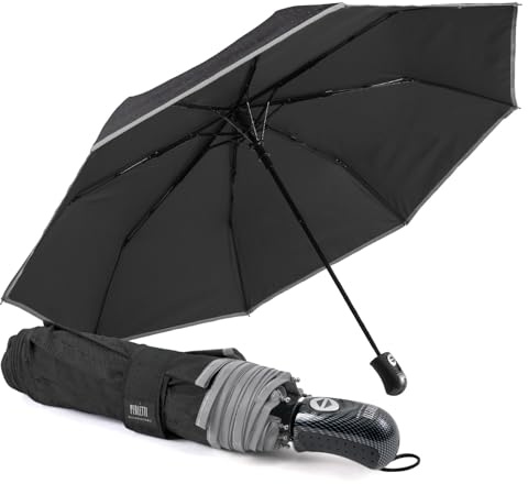 PERLETTI Paraguas Plegable Hombre Mujer Negro Abre Cierra Automático - Paraguas Antiviento Bolso Viaje Borde Reflectante - Paraguas Compacto Pequeño Resistente - Diámetro 104 cm (Abre y Cierra Negro)
