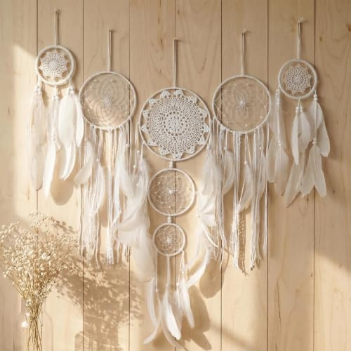 5er Set Weiße Häkel Dreamcatcher, Boho Wanddekoration, Handgemachte Traumfänger mit Federn für Schlafzimmer, Kinderzimmer, Deko zum Verschenken