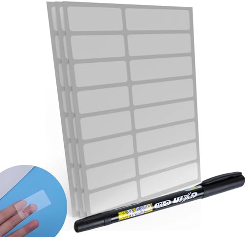 Rustiksen 320-Pack Clear Waterproof Name Labels with Marker - Durable, Washable, Sticky Adhesive Labels for Container, Water Bottles, Drinks Cups, Books and Supplies, Toiletries, Workplace, Househoid