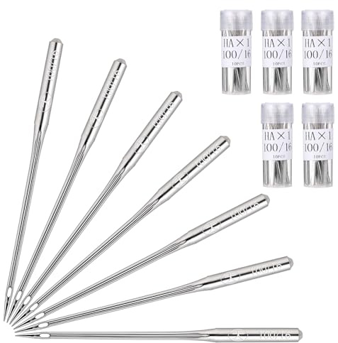 50 Pcs Size 100/16 Universal Heavy Duty Sewing Machine Needles, Stainless Steel Denim Needle Sew Machines Needles Heavy Duty Embroidery Regular Needle Supplies for Leather Jeans Canvas (Silver)