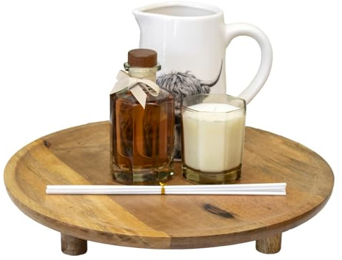 Round Mango Wood Pedestal Board, Wooden Decorative Display Tray with Feet 35x5x35cm