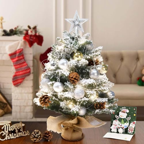 Künstlicher Weihnachtsbaum mit Beleuchtung, Geschmückter Mini Weihnachtsbaum inklusive Schmuck und stabilem Stoffsockel für Festliche Tischdeko, Weihnachten