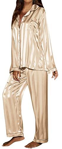 Pigiama in raso da donna a righe, lungo con bottoni, in seta, con tasche, elastico, morbido, 2 pezzi, biancheria da notte con scollo a V, set invernale per la casa, O beige., M