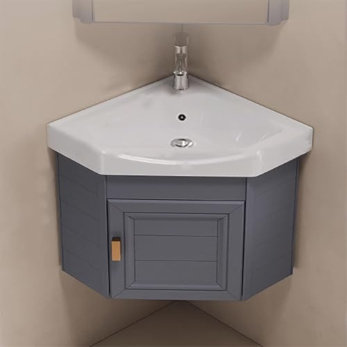 Combo de lavabo esquinero compacto para baño, juego de armario montado en la pared con lavabo de mano, grifo caliente y frío, diseño que ahorra espacio para baños pequeños (gris, 48 cm)
