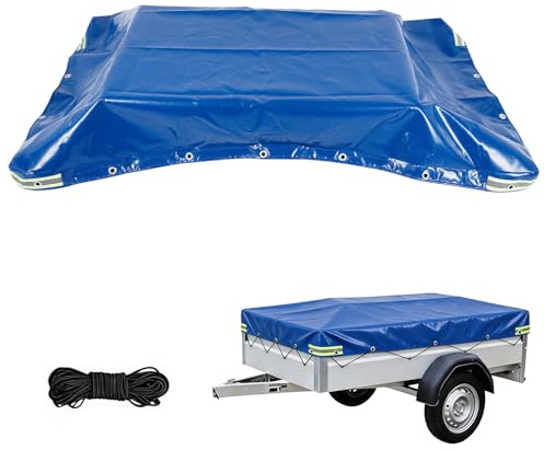 Anhängerplane nach Maß 207.5x114x10 cm - Extra Stark 500g/m² PVC LKW-Plane - Wasserdicht & Reißfest - Blau - Mit 4X Reflektorstreifen, Alu-Ösen & 6mm Expanderseil - Profi Abdeckplane für PKW Anhänger