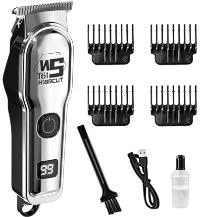 Maquina de Cortar Pelo Hombre, Cortapelos Hombre Inalámbrico, Cuchillas Acero Inoxidable con Revestimiento de Titanio, Rechargeable Hair Clipper, Indicador Inteligente de Batería, Plateado