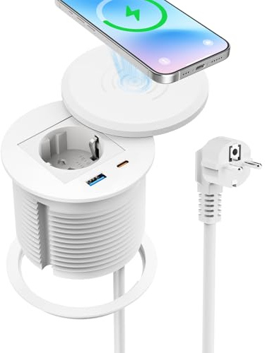 Sewingvr Enchufe empotrable con Carga inalámbrica de 15 W y USB-C PD 30 W, Enchufe de Mesa retráctil para Cocina y encimera, Cable de 2 m, Color Blanco