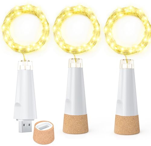 Dumcuw Luci per bottiglie, 20 luci LED a batteria, ricaricabili tramite USB, 2024, con tappo di sughero, per decorazioni natalizie (bianco caldo, confezione da 3)