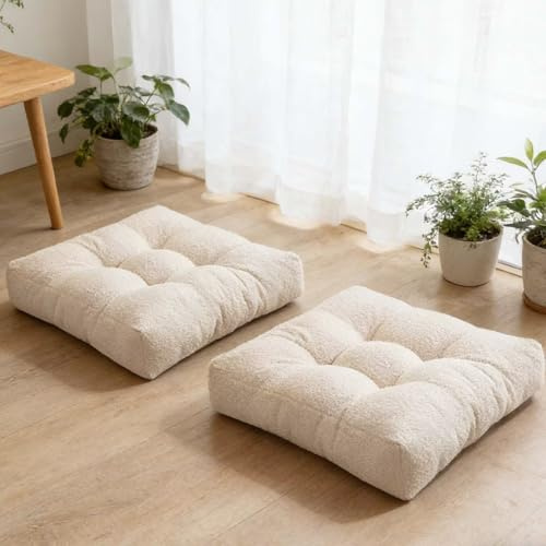 Kinstasey Large Sitting Pillow Set of 2, Floor Pillows Cushions for Adults, Thick Square Yoga Pillows with Tufted Cover for Bedroom Dorm Bay Window, Beige 18x18 in