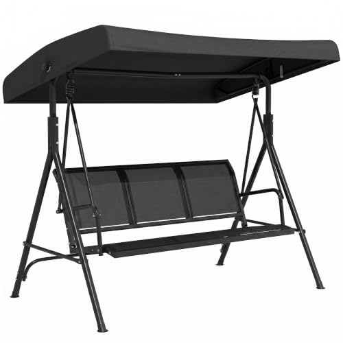 Outsunny Columpio de Jardín Exterior de 3 Plazas, 175x118x159 cm, Negro | Toldo Reclinable, Balancín de Jardín Exterior, Respaldo Transpirable, Marco de Acero, para Terraza Balcón