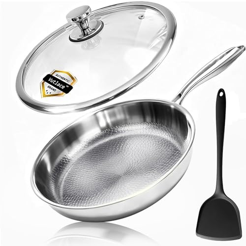 Vutlace Stainless Steel Frying Pan with Lid, 5-Ply Clad Titanium Frying Pan, Uncoated, Titanium Construction, Induction Cookware, Cooking Pan, Stir Fry Pan, Dishwasher Safe Pan, Includes Lid (30cm)