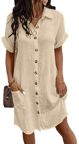 CheChury Vestidos Casual Mujer Verano Elegante Vestido de Camisa Manga Corta con Botones Sueltos Cortos Vestido Blusa Cuello V Verano A-Line Vestidos de Playa Vacaciones Bikini Cover Up con Bolsillos