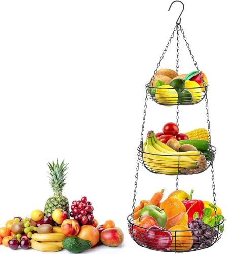 leobodecap Obstkorb Hängend Schwarz, Hängekorb 3 Etagen, Metall Schwarz Hängender Obstkorb mit Haken, Obstkorb zum Aufhängen mit Deckenhaken