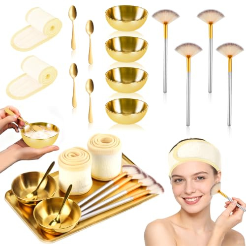 15 pezzi oro Estetista Forniture 4 Maschera Viso Fan Brush Applicatore 4 Ciotole di Miscelazione Facciale in Acciaio Inox Vassoio Estetista Oro 4 Piccoli Cosmetici Scoop 2 Trucco Fascia per Capelli
