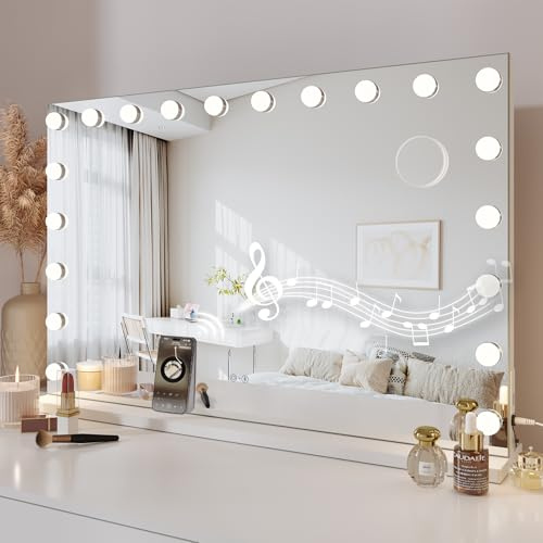 Dripex Bluetooth Hollywood Schminkspiegel mit 20 LED Lampen, 3 Farbtemperatur Licht, USB Ladeanschluss 60L x 90B cm, Aufstellung oder Wandmontage