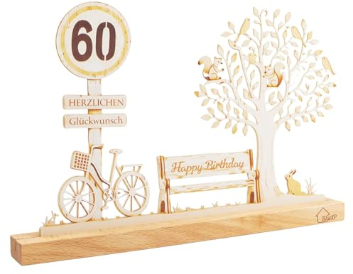 BlueXP Regalo 60 Cumpleaños Árbol Vida Madera | Decoración mesa Happy Birthday con árbol bicicleta y banco idea regalo original para hombre mujer