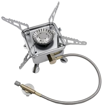 NIYANGLE Réchaud à Gaz Portable pour Camping Brûleur en Métal, Mini Cuisinière Extérieure Compacte Tuyau Flexible, pour Randonnée, Pique-niques et Activités de Plein Air