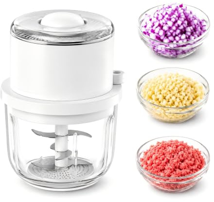 Tritatutto elettrico, mini robot da cucina da 350 ml, ciotola in vetro spesso, tritatutto portatile con 6 lame in acciaio inox, tritacarne cipolle per aglio, peperoncino, zenzero, noci