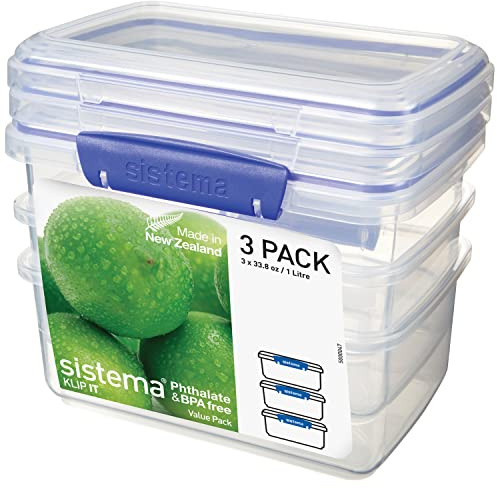 Sistema KLIP IT Food Storage Containers | 1 L | Stackable Food Prep Container with Clip-Close Lids | BPA-Free | Blue Clips | 3 Count