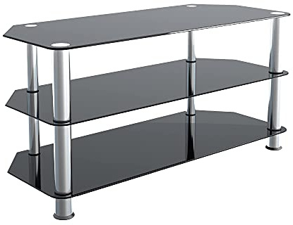 mahara Eck-TV-Ständer aus Glas, universal, schwarz, 100 cm breit, mit Glasablagen, TV-Bodenständer, geeignet für Fernseher bis zu 50 Zoll und max. Gewicht 45 kg