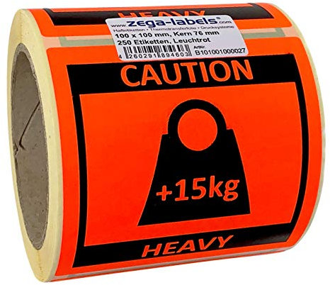 Warnetiketten auf Rolle - Caution Heavy +15kg für schwere Pakete - 250 Stück je Rolle - 100 x 100 mm - Leuchtrot Haftpapier - Versandaufkleber - Paketaufkleber für Amazon Vendor & FBA Fulfillment