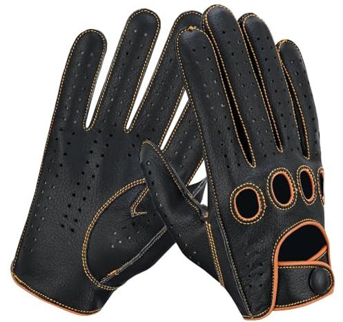 Riparo Echtes Lederhandschuh für Männer Mittel Schwarz Cognac Faden