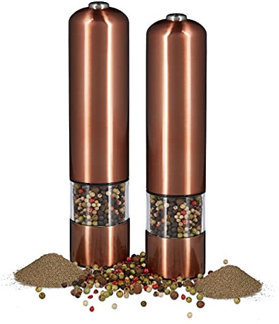 Juego de 2 molinillos eléctricos de pimienta o molinillo de sal con mecanismo de cerámica, funciona con pilas, con luz, recargable, bronce