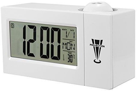 EsportsMJJ Snooze Sveglia Retroilluminazione Proiettore Wall Clock di Proiezione con Termometro 12/24 Ore Calendario-Bianco