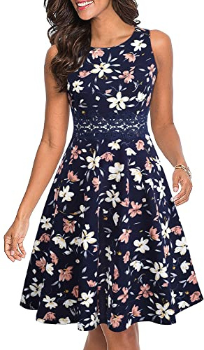 HOMEYEE Women's Vintage 50s Sleeveless Floral Embroidered Cocktail Swing Dress A079