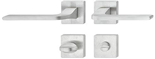 JUVA Drückergarnitur Messing Türbeschlag Chrom matt Türgriff Zimmertür - LDH 3235 | WC - Toilette | Drücker-Paar mit eckiger Rosette | 1 Set - Design Türdrücker-Garnitur für Innentüren mit Schrauben