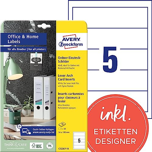 AVERY Zweckform C32267-10 Ordnerrücken Einsteckschilder (50 Rückenschilder, 54x190mm auf A4, bedruckbar, zum Einstecken für breite/kurze Ordner, Mikroperforation, fürs Home Office) 10 Blatt, weiß