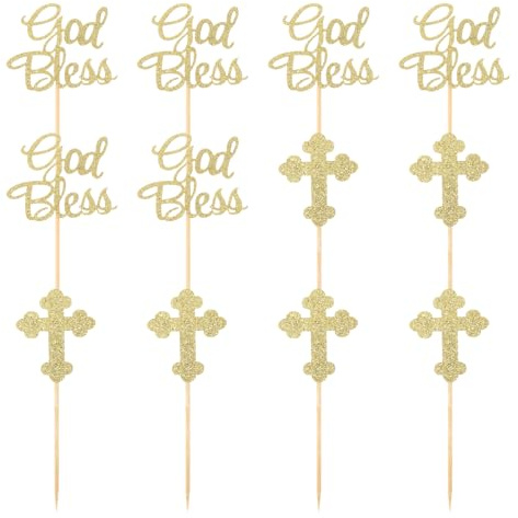 NUOBESTY 24pcs Golden God Bless and Cross Cupcake Toppers Glitter Cake Picks for Fruit Food Dessert Appetizer Baptism Christening Party Decors