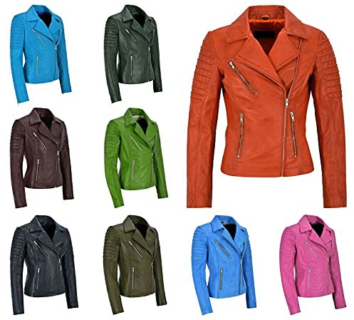 HiFacon Gesteppte Motorradjacke für Damen, Vintage-Stil, echtes Leder, Biker-Stil, Grün - Lederjacke, 38