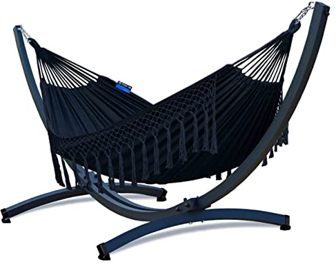 Potenza Outdoor Hängematte mit Tytan Gestell für 2 Personen I Baumwolle Doppelhängematte XXL 220x160, 200kg I Hängemattengestell 350 kg, wetterfest (Santia-Schwarz, Basic Gestell Graphit)