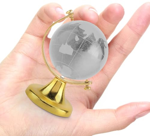 Mini Globo Decorativo, 6,5 cm / 2.6'' Mini Mappamondo Cristallo Vintage Vetro Office Terra Rotonda Globo di Cristallo Mappa del Mondo per Decorazione da Scrivania, Souvenir (Oro)