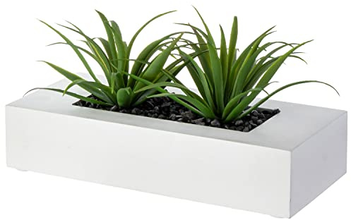 MyGift 10 Inch Artificial Grass Fake Plants in White Rectangular Wood Planter - Faux Plants Indoor for Tabletop Centerpiece Décor