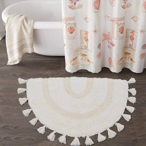 Boho Badezimmerteppich, halbrund, Baumwolle, Badematte mit Quasten, handgewebt, böhmische Teppiche mit Teppich, rutschfestes Pad, waschbar, Badteppiche für Badezimmer, Dusche, 50.8x81.3 cm, Weiß
