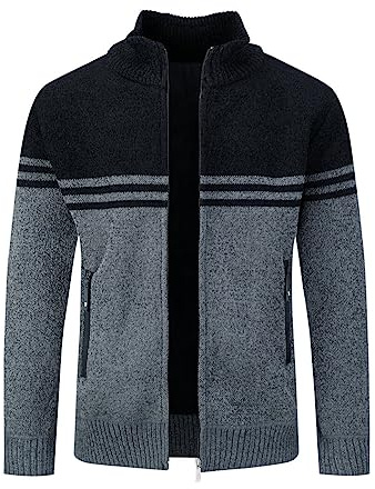 Sliktaa Herren Pullover Stehkragen Strickjacke SpleißFarbe Freizeit Mit Reißverschluss Sweater Winter Warm Schwarz L