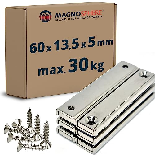Neodym Magnet zum Anschrauben rechteckig extra stark - 30kg - mit Senkbohrung - Starke Quader-Magnete 60mm lang mit 2x Loch/Bohrung und Senkung für Büro Haushalt Werkstatt - 6 Stück inkl. 12 Schrauben