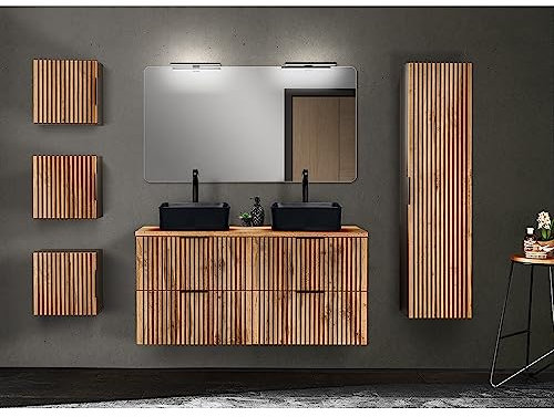 Lomadox Badmöbel Komplett Set 3 Hängeschränke Hochschrank Doppelwaschtisch 121 cm Keramik Aufsatzbecken Spiegel Aufbauleuchten Rillen Fronten in anthrazit mit Eiche Nb.