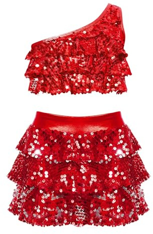 Aislor Traje De Actuación De Baile para Niñas Lentejuelas Top Corto De Un Hombro + Falda Pantalones Cortos con Cintura Elástica Disfraz Baile Salsa Tango Latino I Rojo 13-14 años