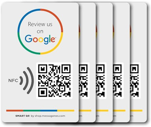 MESSAGENES - Aufkleber mit NFC und QR | Aufkleber für Bewertungen | kompatibel mit Google Business | 5 Stück | QR dynamisch editierbar | Analyse Scannen | Geeignet für iPhone und Android