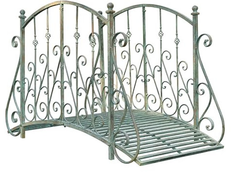 Puente de jardín Zen con arco de metal de 60 pulgadas con barandillas laterales de seguridad, pasarela decorativa, delicados volutas florales for arroyo, estanque de peces, antiguo, fácil de montar y