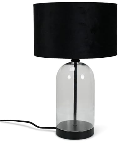 ValueLights | Glass and Black Metal Table Lamp with a Black Velvet Lampshade | Home Décor, Bedside & Desk Lamp