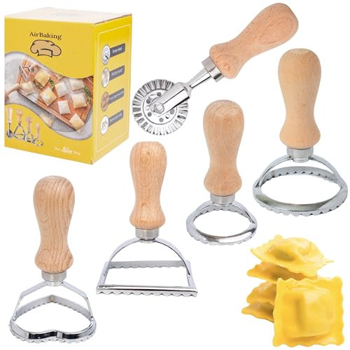 AIRBAKING - 5 Pcs Pasta Maker Set, Ravioli Stamp Maker Cutter Set, Pasta Roller, Dumpling Maker, Samosa Maker, Cookie Mould, Shaped Cutters for Pasta, Noodles, Empanadas, Spaetzle with Wooden Handle