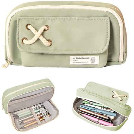Kytpyi Federmäppchen, Mäppchen Aesthetic, 21 * 11.5cm Groß Stiftemäppchen mit 3 Fächer Reißverschluss für Schule Büro Hochschule Haus, Haltbar Modish Federtasche Jungen Mädchen Erwachsene(Grün)